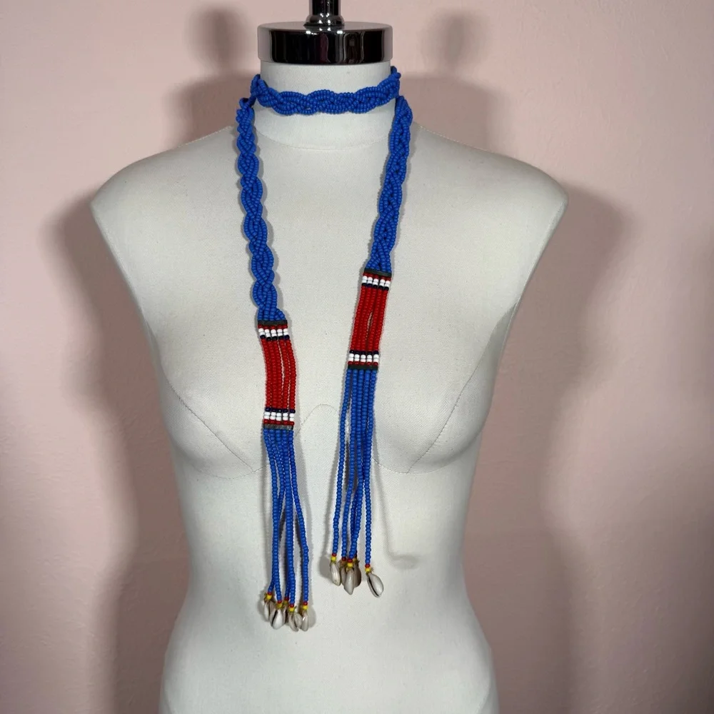 Vintage southwestern red blue Beaded Belt necklace shell tassels adjustable